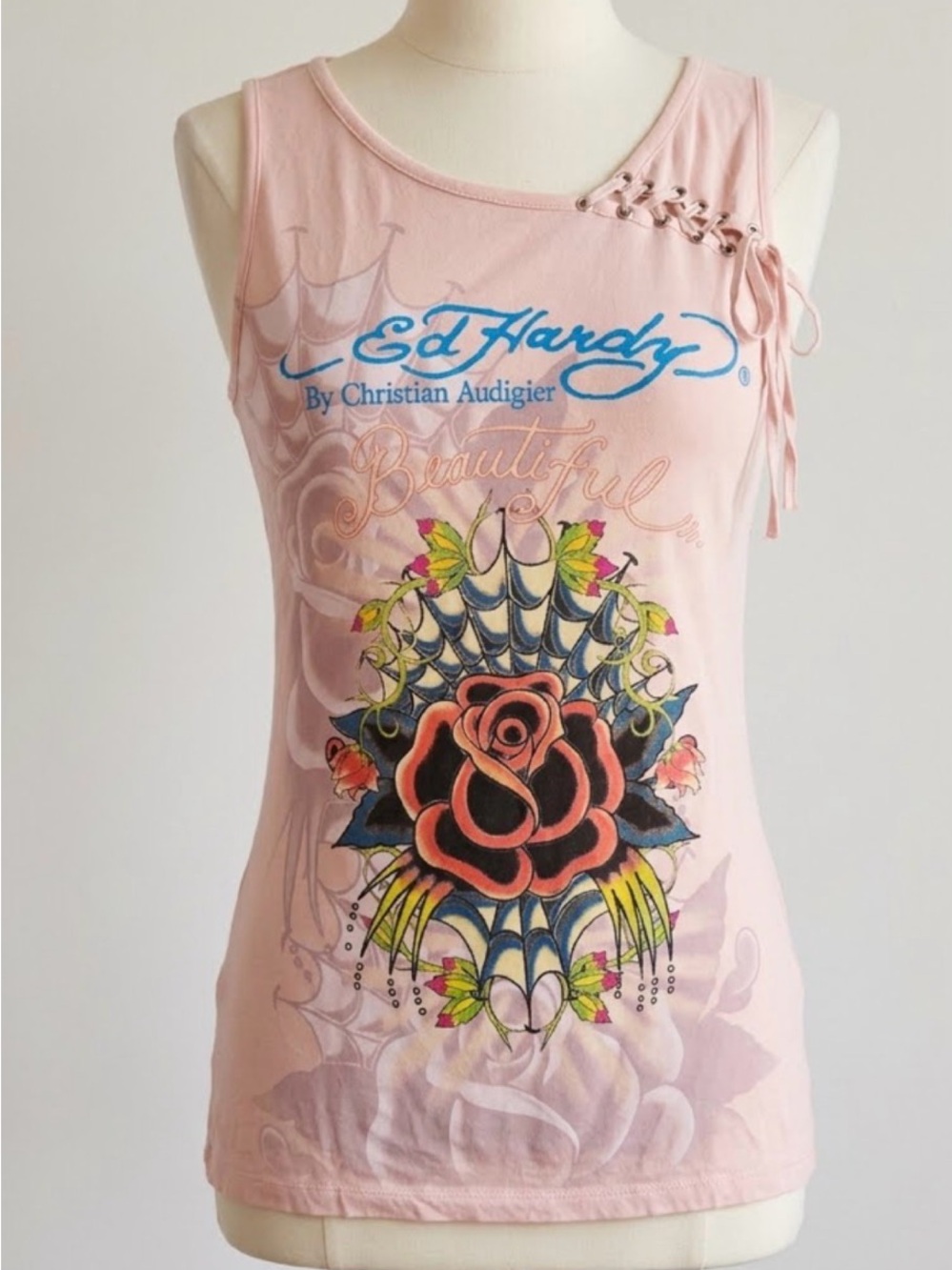 Ed Hardy by Christian Audigier Vintage Y2K Lace-Up Rose Spiderweb Tank Top